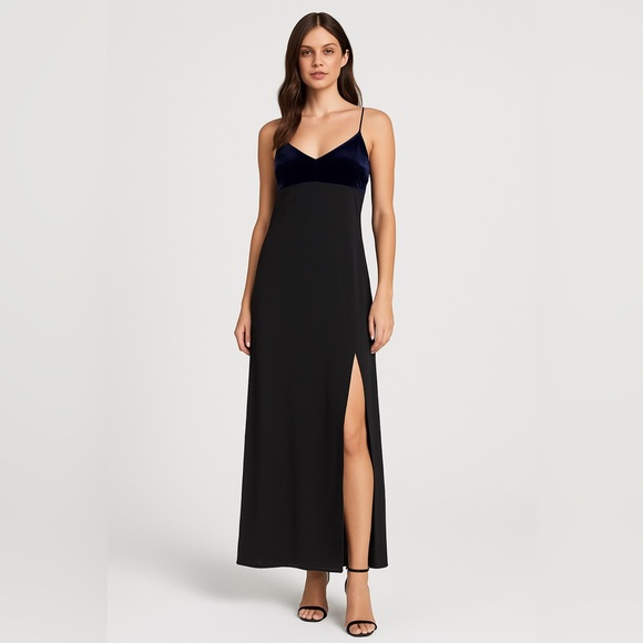 New Velour Black Maxi Slip Dress w/ Navy Velvet Top & Back Cutout Size L - Picture 1 of 9